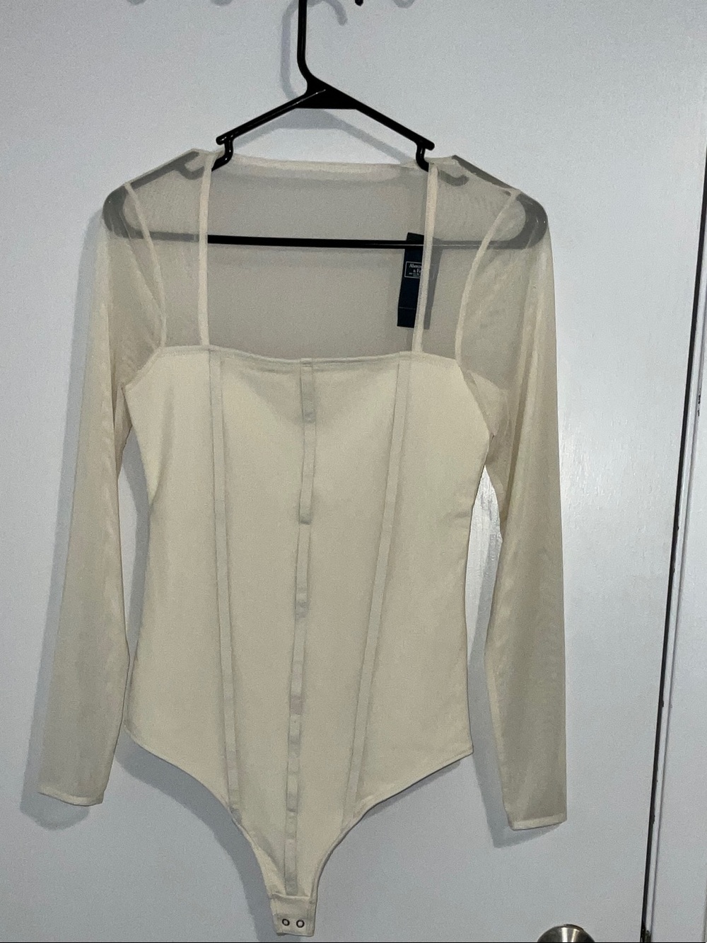 Abercrombie & Fitch Cream Sheer-Sleeve Corset Bodysuit